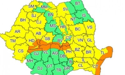 Harta județelor afectate de codurile galben și portocaliumeteoromania.ro