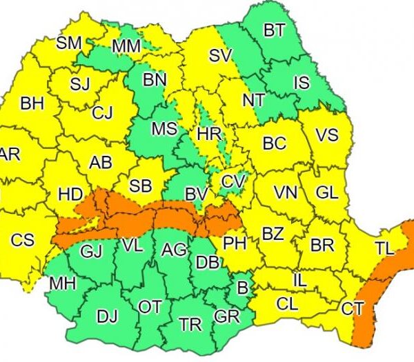 Harta județelor afectate de codurile galben și portocaliumeteoromania.ro