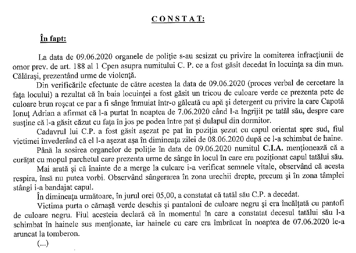 Extras din Rechizitoriul Parchetului de pe lângă Tribunalul Călărași 282/P/2020