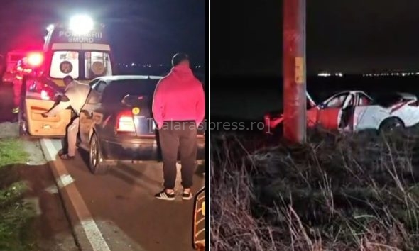 VIDEO. Accident rutier grav în județul Călărași. Un șofer rănit după ce a intrat cu mașina într-un stâlp între Vasilați și Budești