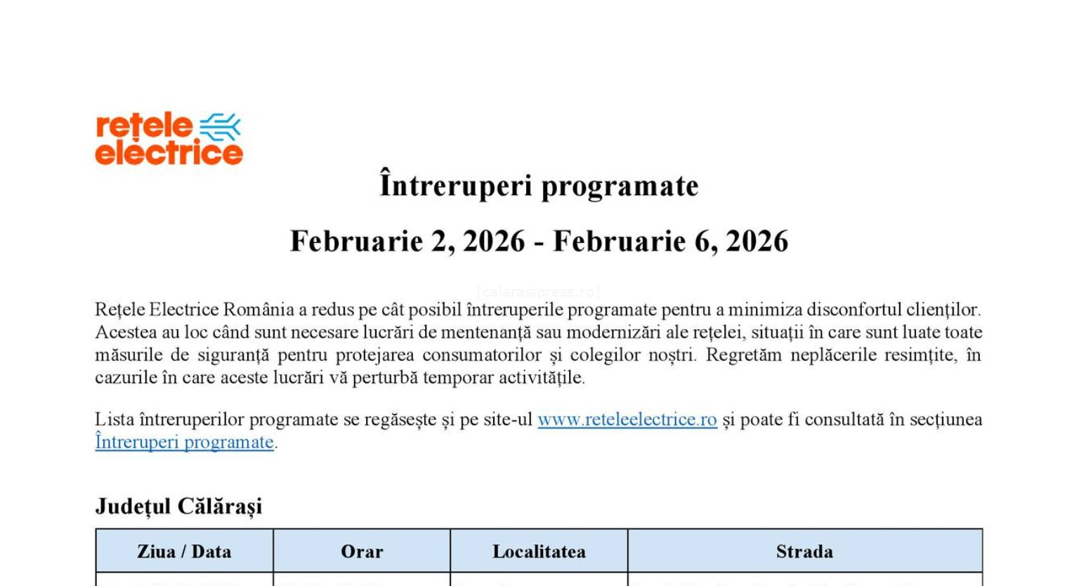 Întrerupere totală de curent electric în comuna Cuza Vodă, joi, 5 februarie 2026
