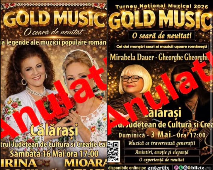 Evenimente anulate la Călărași: spectacolele Gold Music 2026 cu Dauer, Gheorghiu, Loghin și Velicu NU mai au loc