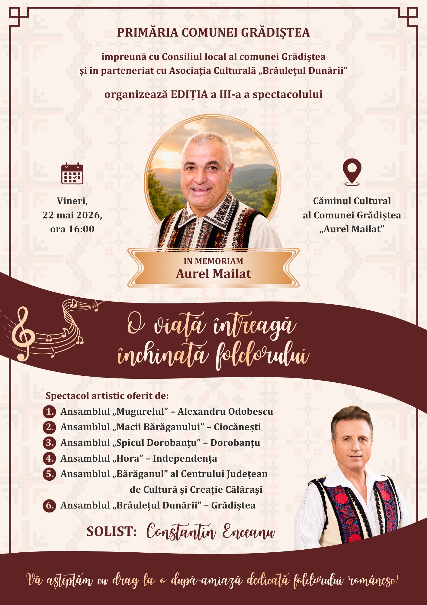 Aurel Mailat, omagiat la Grădiștea printr-un spectacol dedicat folclorului românesc