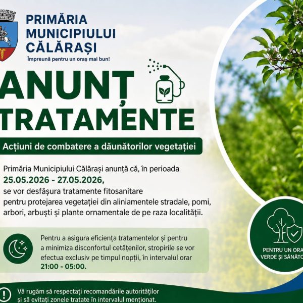 Primăria începe stropirile de noapte în Călărași. Zonele unde se vor face tratamente fitosanitare