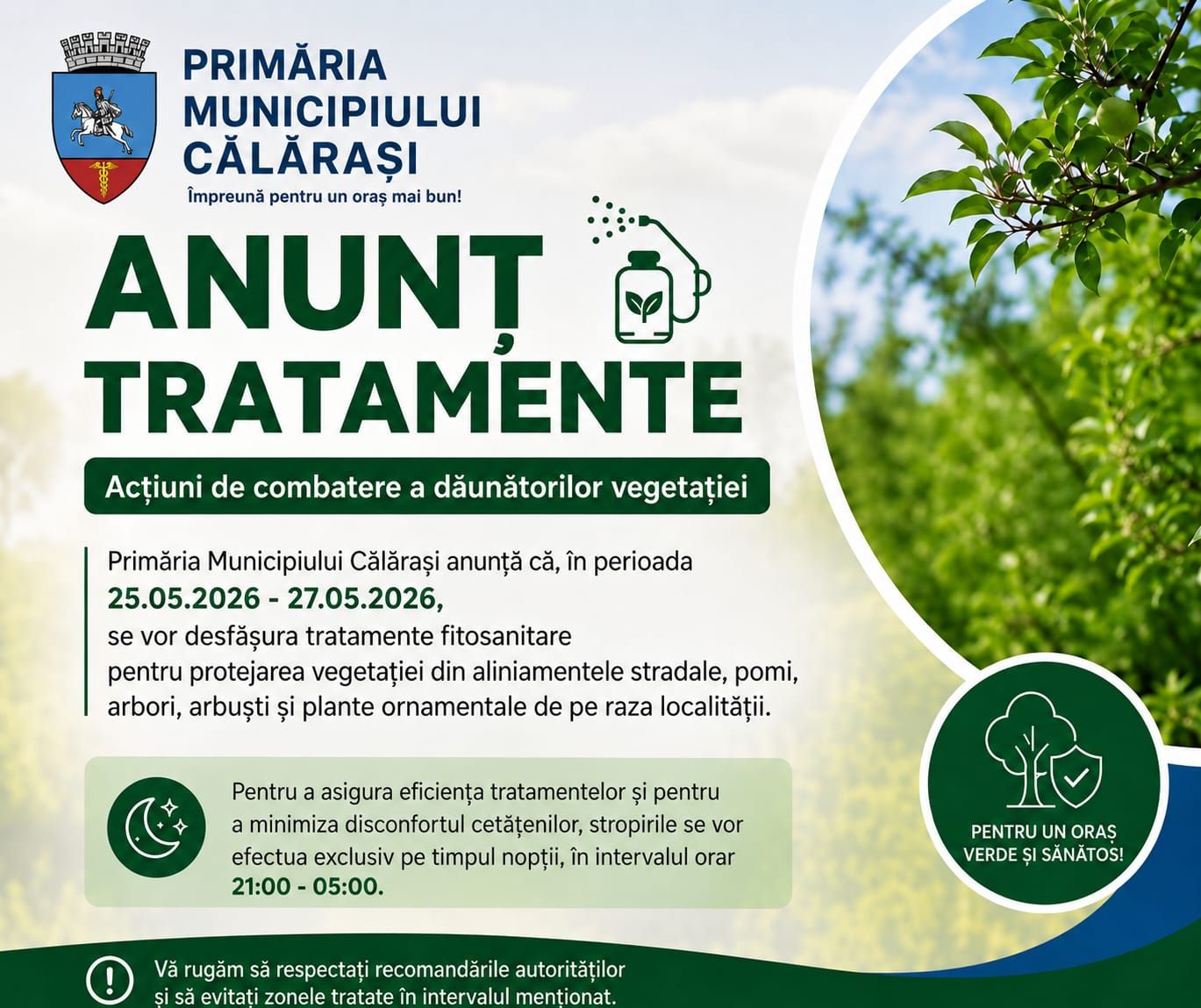 Primăria începe stropirile de noapte în Călărași. Zonele unde se vor face tratamente fitosanitare