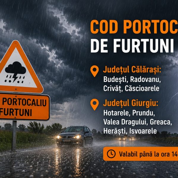 Cod portocaliu de furtuni în sudul județului Călărași. Grindină și ploi torențiale în mai multe localități