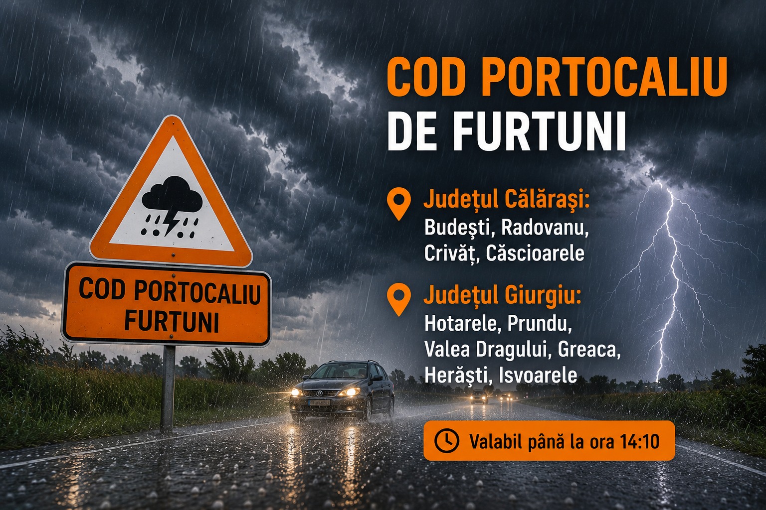 Cod portocaliu de furtuni în sudul județului Călărași. Grindină și ploi torențiale în mai multe localități